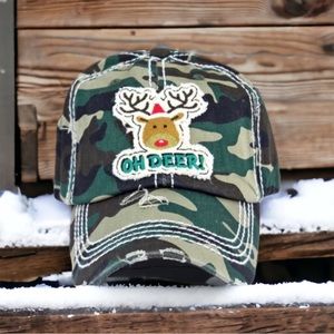 NWT  K BETHOS DISTRESSED CAMO 'OH DEER!' RUDOLPH CAP